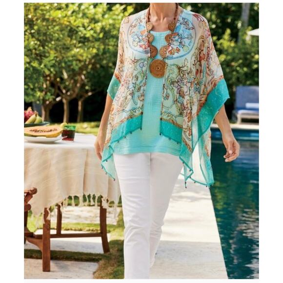 Soft Surroundings Sheer Open Front Flowy Jacket/Tunic:Cover Up Beaded Hem Sz S/M - Picture 15 of 15